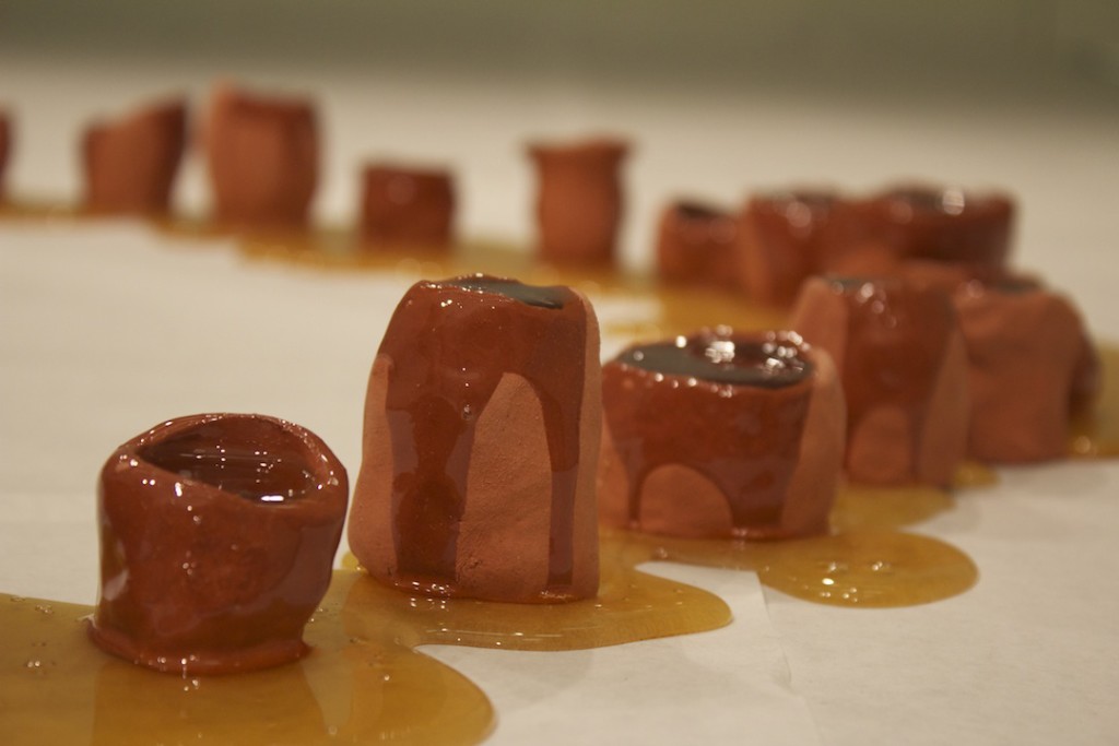 Maggie Nelson – “Honey Pots,” unglazed earthenware, honey, white paper. Photo courtesy of the artist.